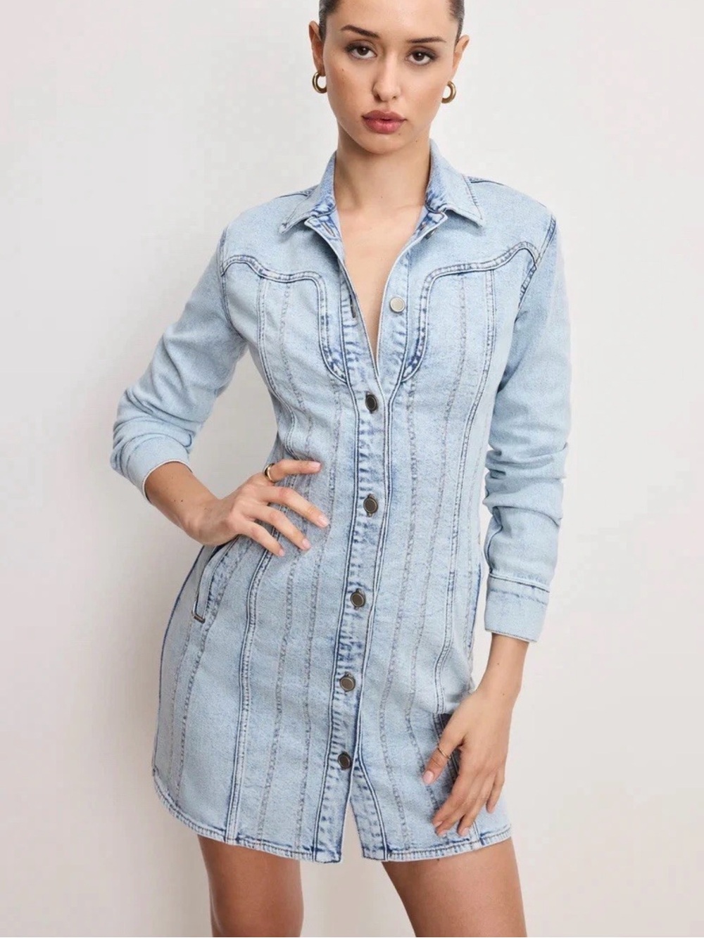 NWT Good American x Dolly Parton Corset Shirt Dress Light Wash Western Sz S